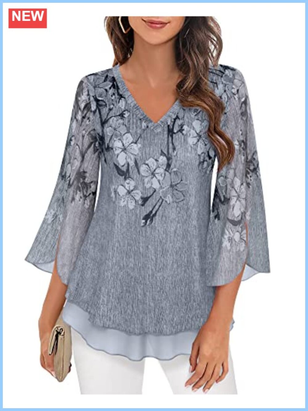 Women's 3/4 Sleeve Floral Tunic Blouse High Low Split Mesh
